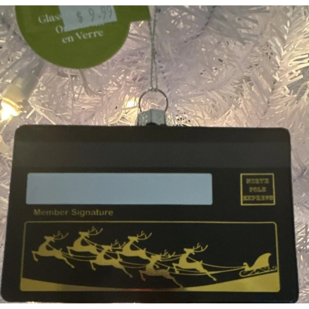 North Pole Express Glass Christmas Ornament Credit Card Black Gold Hanging